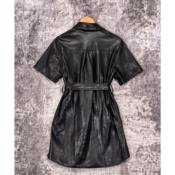 House of Harlow Dress XS Womens Black Vegan Leather Button Up Belted Mini - Picture 3 of 8